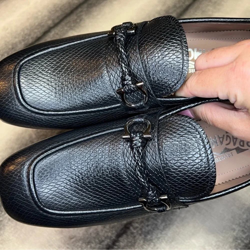 Salvatore Ferragamo Pago Nero Black Snake Embossed Leather Loafers